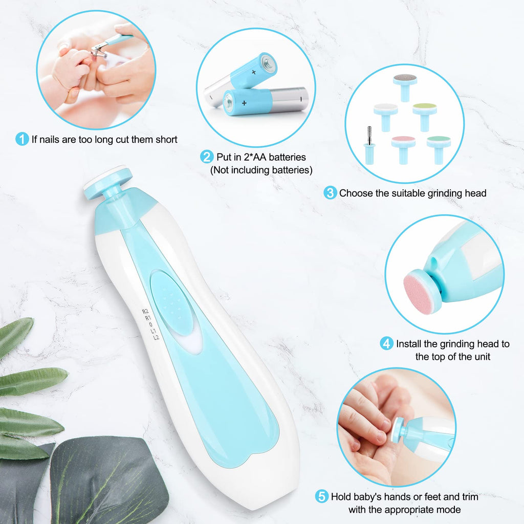 Qunlions life Electric Nail File Drill for Baby No Sharp Claws Hurt, 6 in 1 Safety Cutter Trimmer Clipper for Toes and Fingers (Blue)