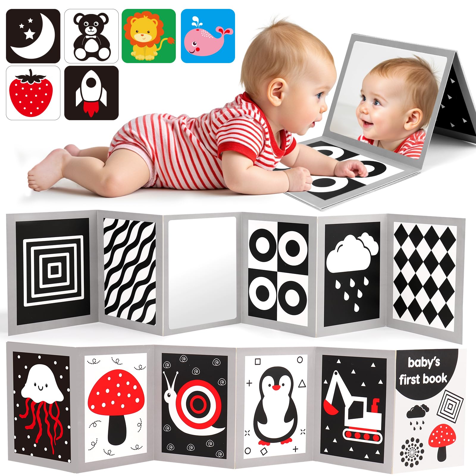 Black and White High Contrast Baby Books Flash Cards Tummy Time Mirror Toys Newborn Toys 0 6 Months Brain Development Infant Stimulating Sensory Toy 0-3 3-6 2 4 5 Month Old Essential