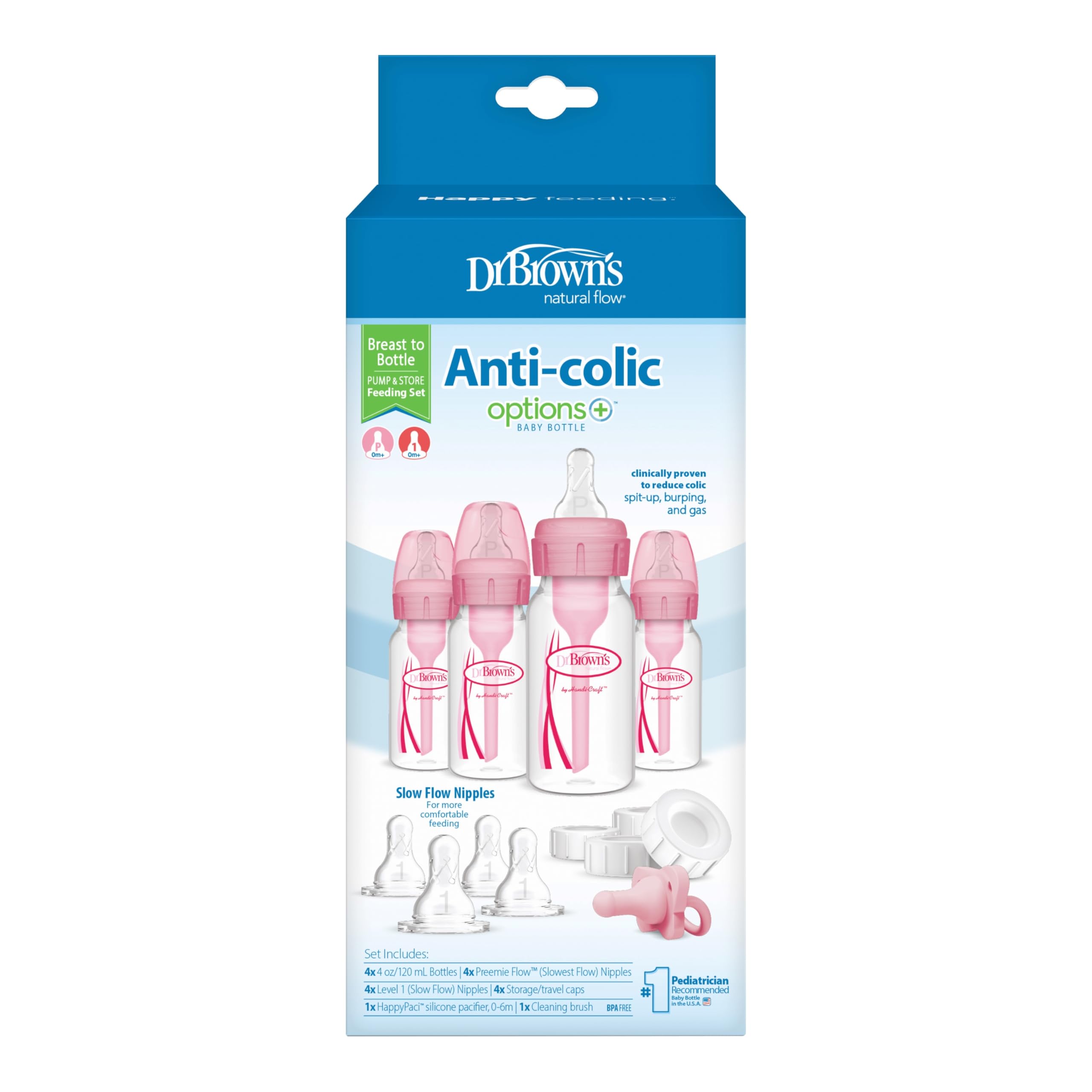 Dr. Brown's Narrow Breast to Bottle Pump & Store Feeding Set, Pink, 0m+