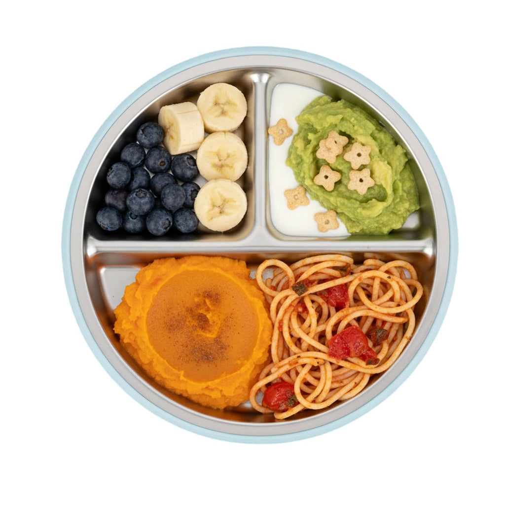 PandaEar 6-in-1 Stainless Steel Baby Feeding Set | Divided Suction Plate, Bowl, Sippy Cup with Straw, Bib, Spoon & Fork | BPA-Free Toddler Feeding Essentials for Self-Feeding (Blue)