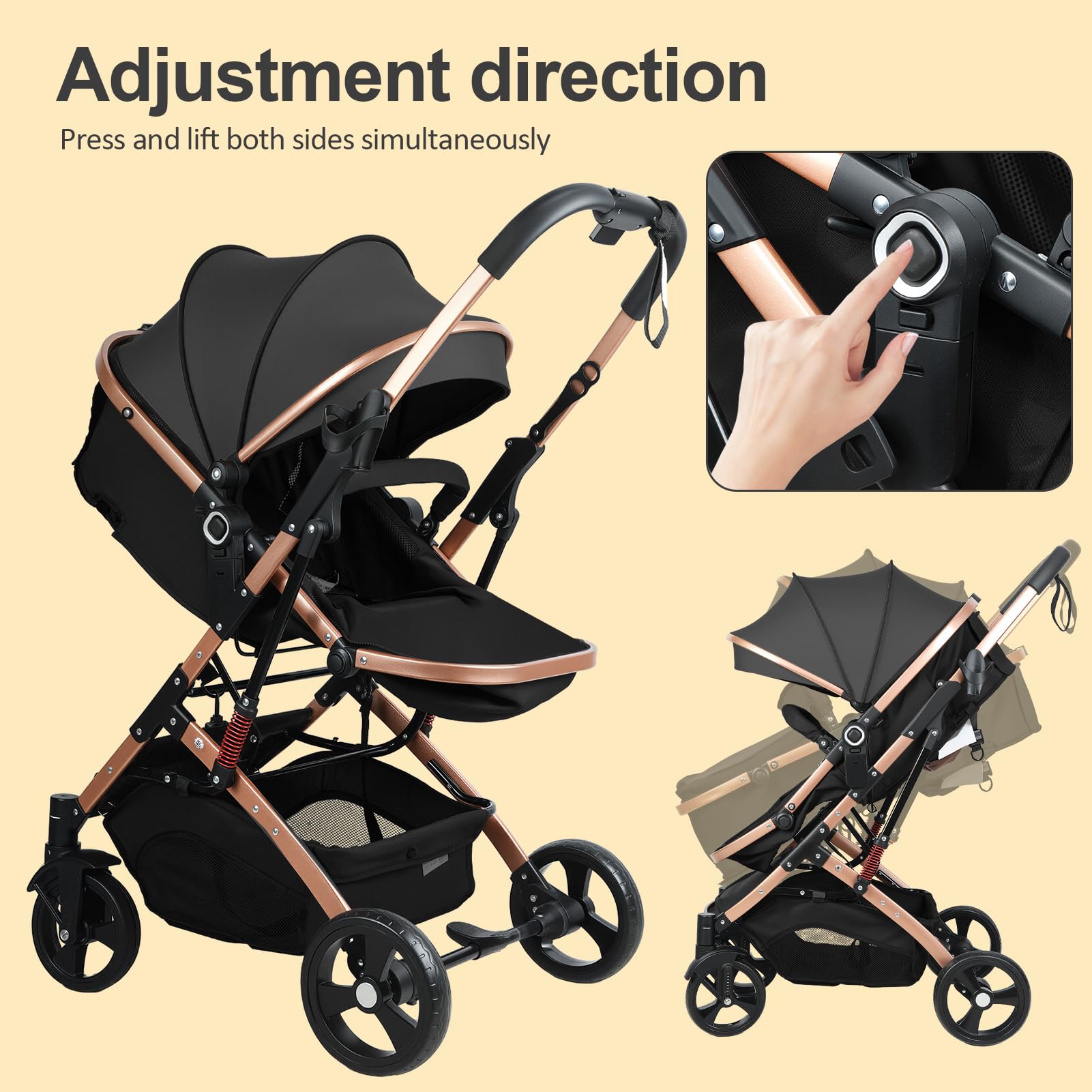 Baby Stroller, 2 in 1 Convertible Bassinet Mode Newborn to Toddler | Reversible Seat UPF Canopy, Shock Absorption Infant Stroller with Five-Point Harness, for Daily Strolls Travel Shopping (Black)