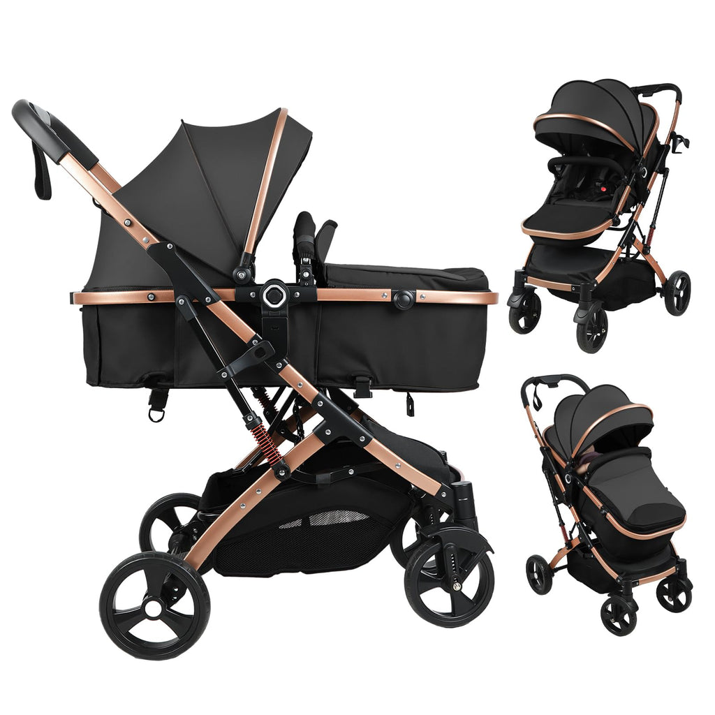 Baby Stroller, 2 in 1 Convertible Bassinet Mode Newborn to Toddler | Reversible Seat UPF Canopy, Shock Absorption Infant Stroller with Five-Point Harness, for Daily Strolls Travel Shopping (Black)