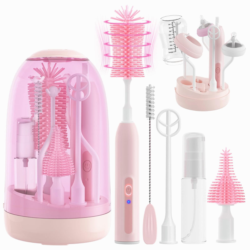 Electric Bottle Brush Cleaner,Electric Baby Bottle Brush Cleaner with Silicone Nipple&Straw Brush,Soap Dispenser,Drying Rack-Waterproof,Long Battery Life,Travel Bottle Cleaner Kit for Babies