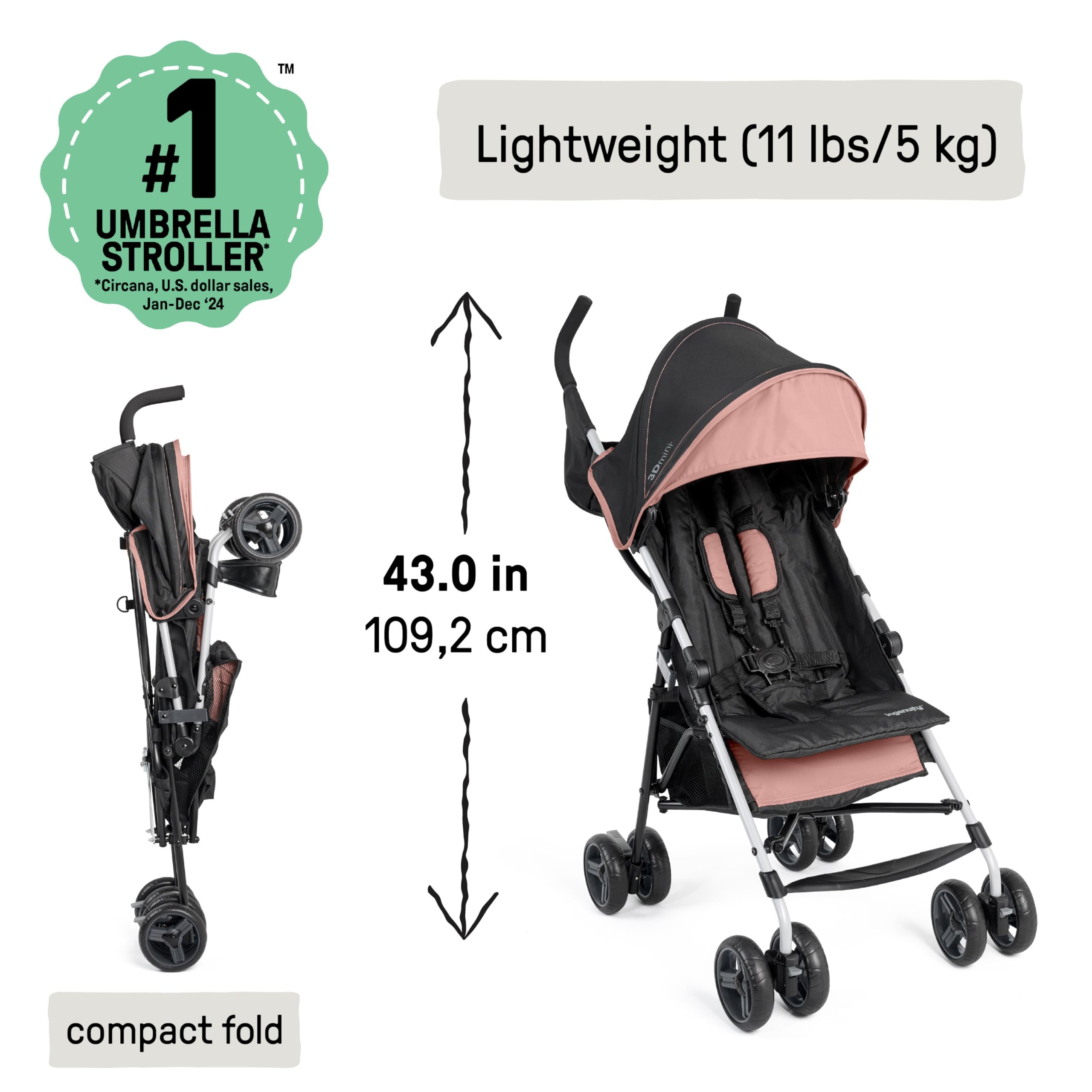 Ingenuity 3D Mini Convenience Stroller – Lightweight Stroller, Compact Fold, Multi-Position Recline, Canopy with Pop Out Sun Visor and More – Umbrella Stroller for Travel, Dusty Rose Pink
