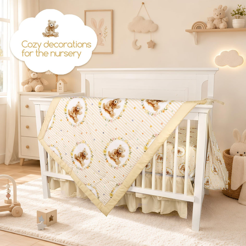 Hooyax Baby Bear Crib Bedding Set for Boys–4Pcs Soft Baby Bedding Set, Includes Crib Skirt, Fitted Sheet, Comforter & Diaper Stacker