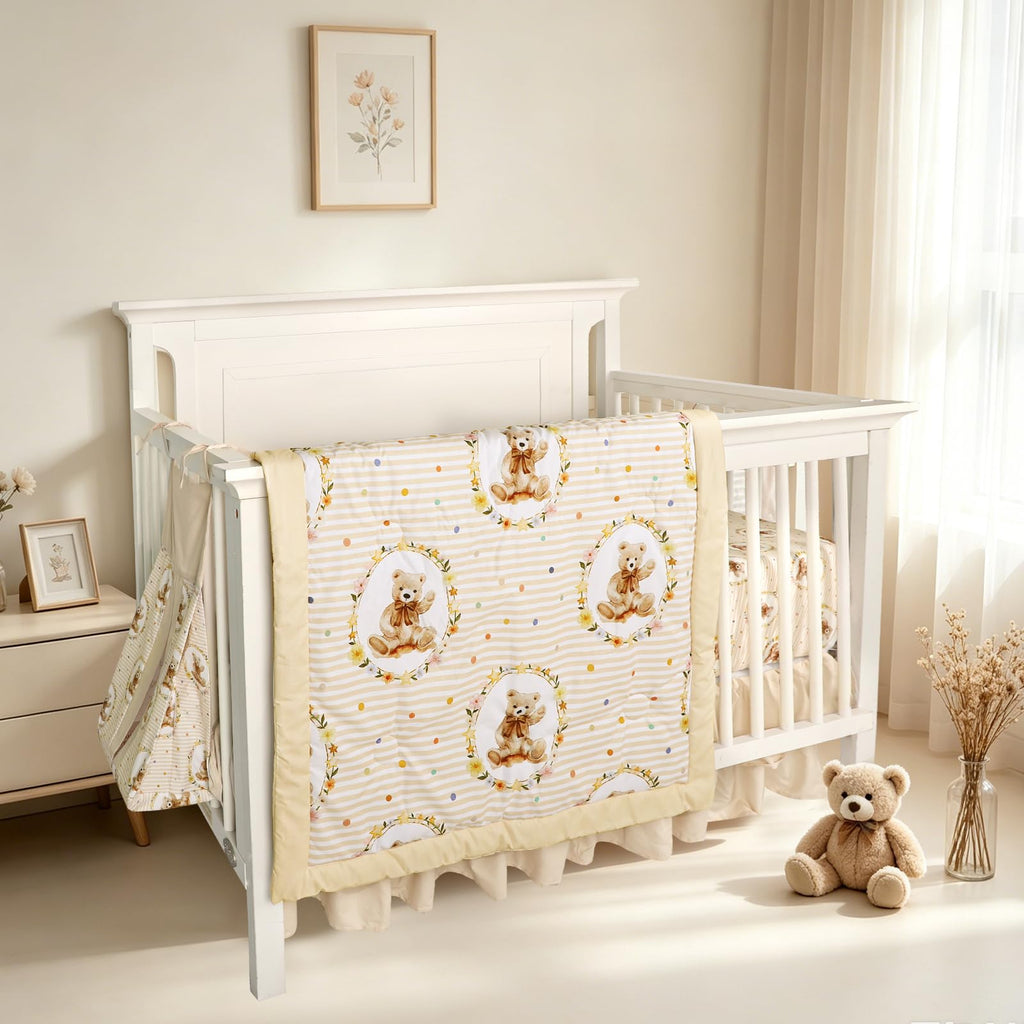Hooyax Baby Bear Crib Bedding Set for Boys–4Pcs Soft Baby Bedding Set, Includes Crib Skirt, Fitted Sheet, Comforter & Diaper Stacker
