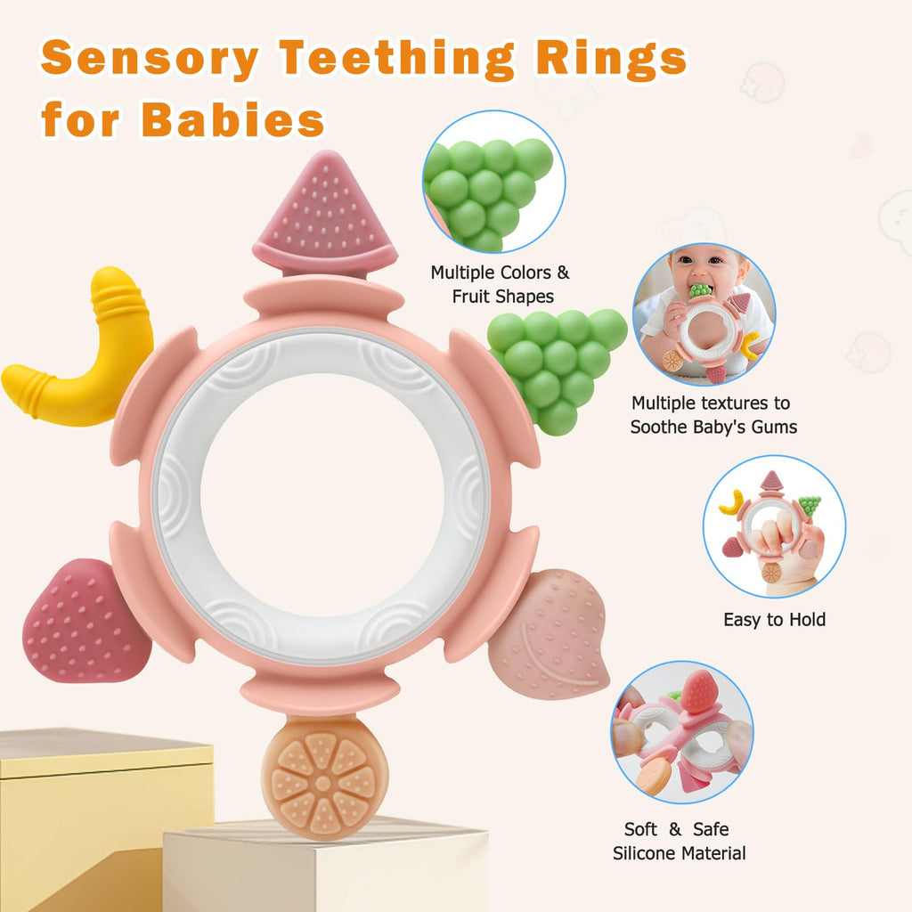 Baby Teething Toys for Babies 3-12 Months, Silicone Teething Rings for Babies, Infant Teether for Sore Gum Relief, Sensory Chew Toy Baby Teether, Baby Essentials Gift for Newborn Boys Girls, Pink