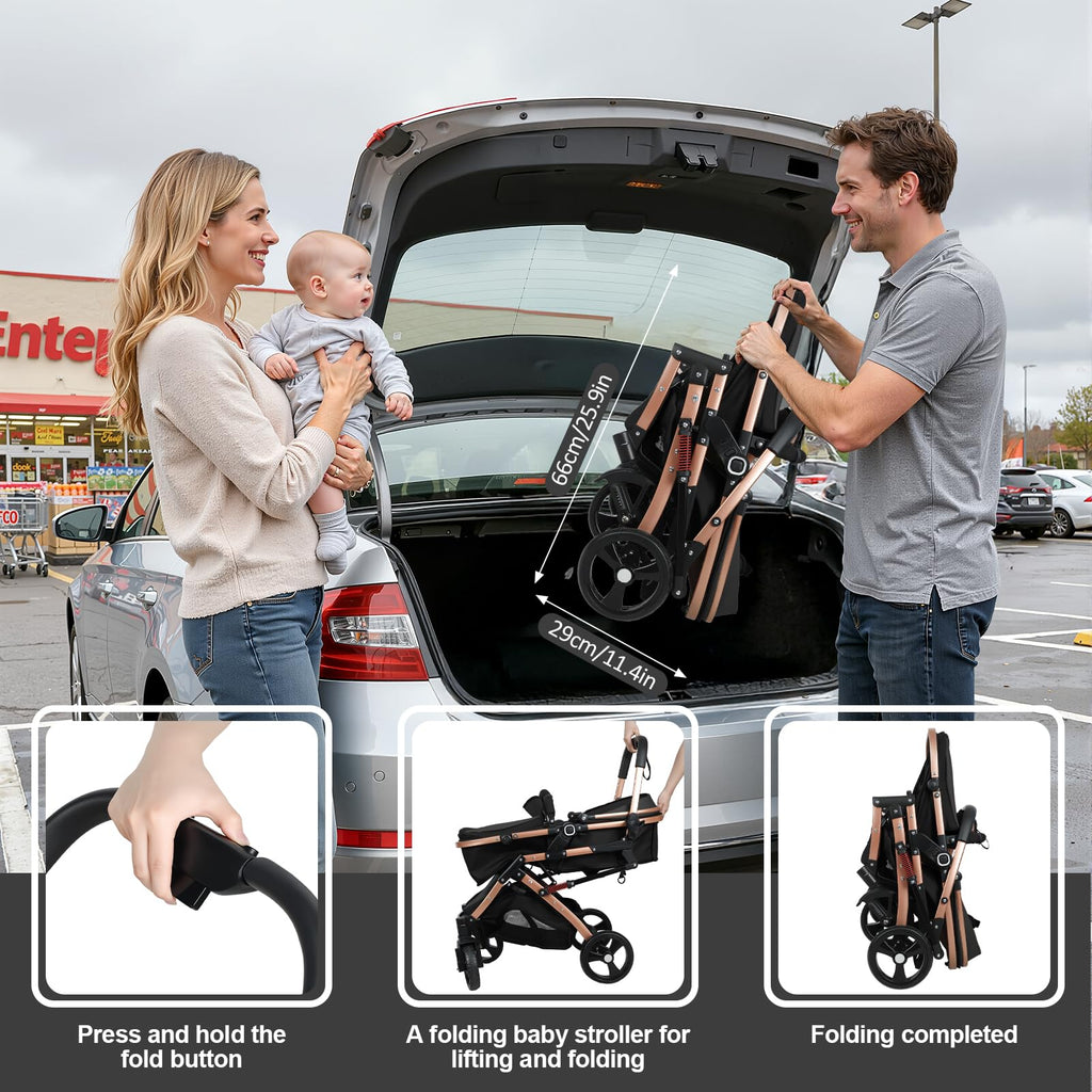 Baby Stroller, 2 in 1 Convertible Bassinet Mode Newborn to Toddler | Reversible Seat UPF Canopy, Shock Absorption Infant Stroller with Five-Point Harness, for Daily Strolls Travel Shopping (Black)