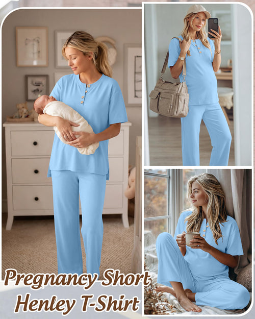 JoyMotion Women Maternity Lounge Set, Light Blue, Medium