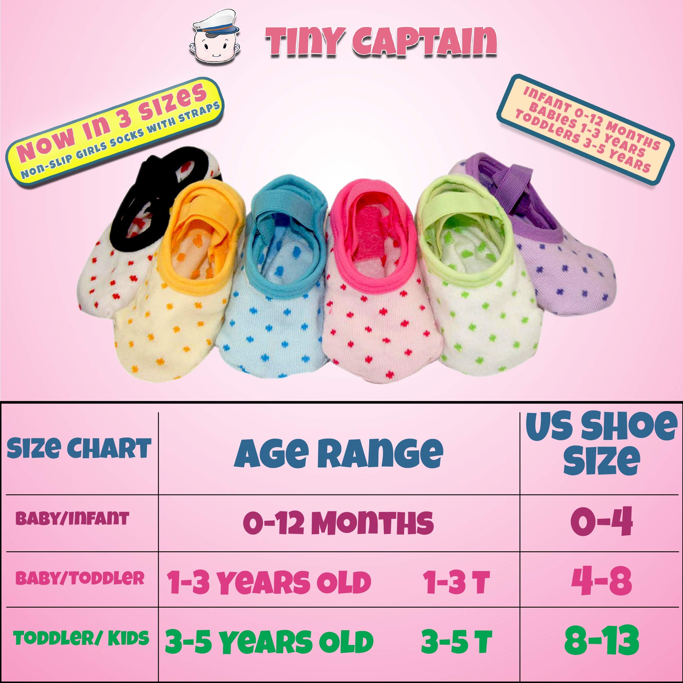 Tiny Captain Baby Toddler Girls Grip Socks 1-3 Year Old Anti Slip w/Strap Socks 1 Year old Girl Gift(as1, age, 1_year, 3_years, Rainbow - 6 Pairs)