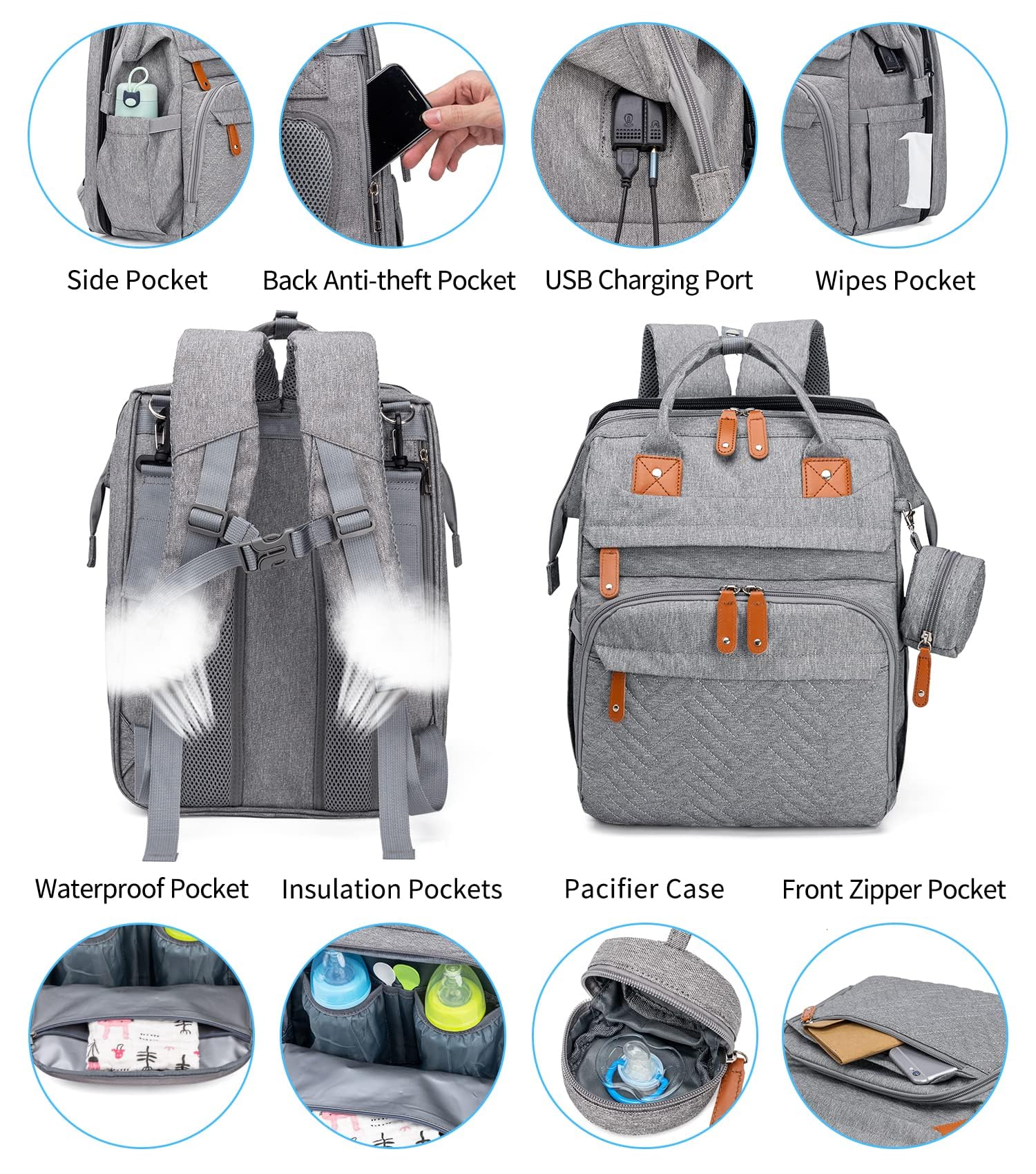 KABAQOO Diaper Bag Backpack with Detachable Changing Station, Large Capacity Baby Diaper Bags for Boys & Girls, Baby Registry Search Stuff & Shower Gifts, Newborn Essentials Must Haves, Grey