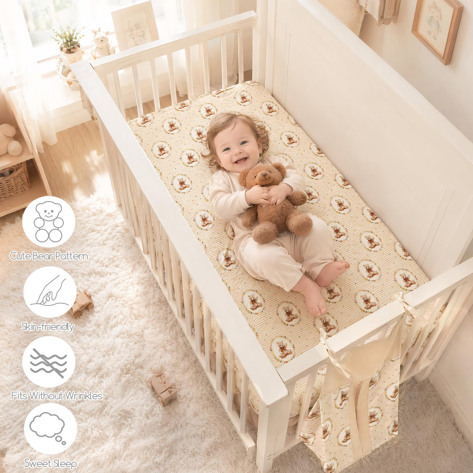 Hooyax Baby Bear Crib Bedding Set for Boys–4Pcs Soft Baby Bedding Set, Includes Crib Skirt, Fitted Sheet, Comforter & Diaper Stacker