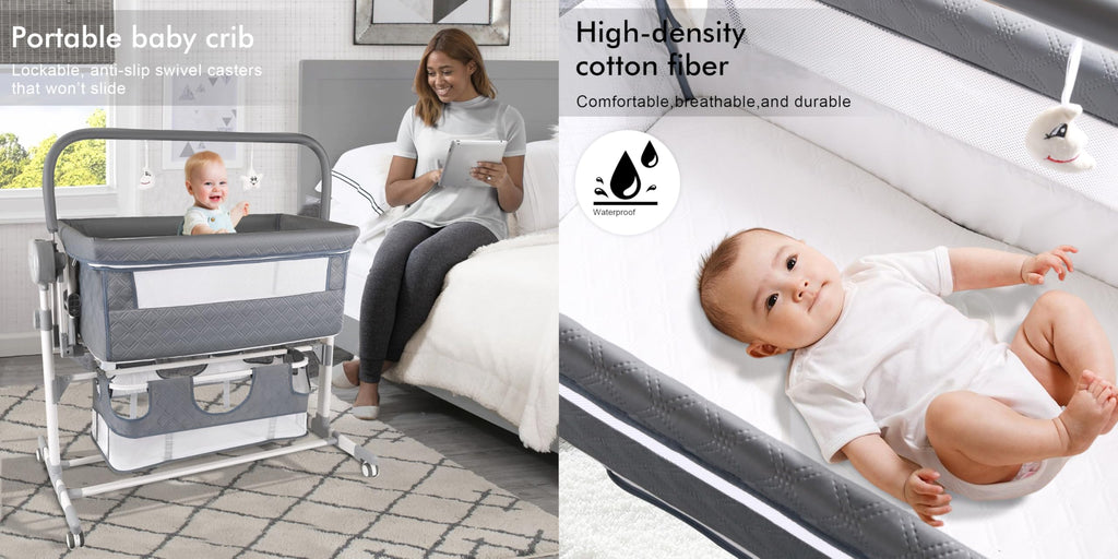 Suttonbebe Electric Bluetooth Smart Baby Bedside Crib, Foldable Infant Bedside Cot, Convertible Baby Bassinet Crib with Remote Control, Music, 5 Swaying Gears (608 Gray)