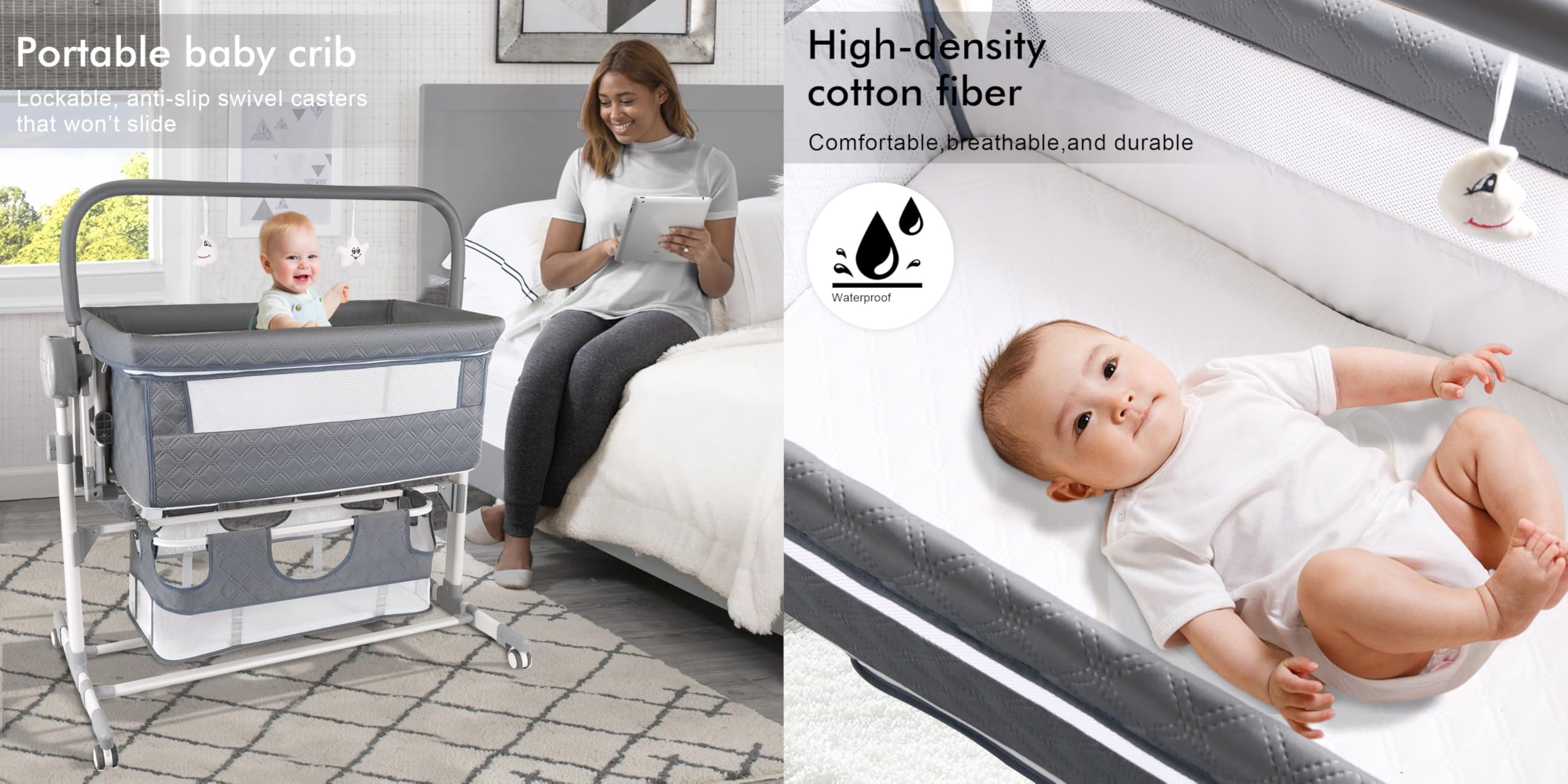 Suttonbebe Electric Bluetooth Smart Baby Bedside Crib, Foldable Infant Bedside Cot, Convertible Baby Bassinet Crib with Remote Control, Music, 5 Swaying Gears (608 Gray)