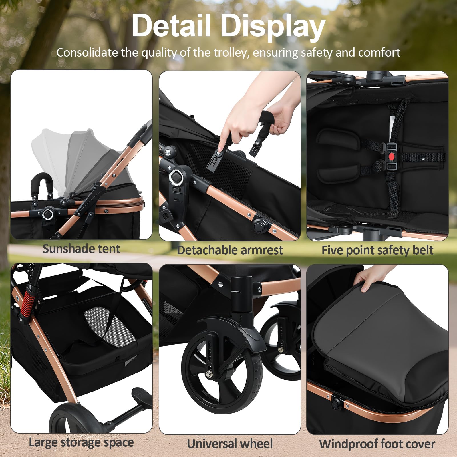 Baby Stroller, 2 in 1 Convertible Bassinet Mode Newborn to Toddler | Reversible Seat UPF Canopy, Shock Absorption Infant Stroller with Five-Point Harness, for Daily Strolls Travel Shopping (Black)