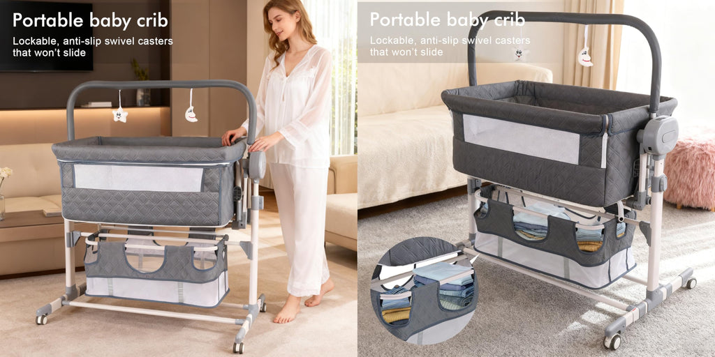 Suttonbebe Electric Bluetooth Smart Baby Bedside Crib, Foldable Infant Bedside Cot, Convertible Baby Bassinet Crib with Remote Control, Music, 5 Swaying Gears (608 Gray)