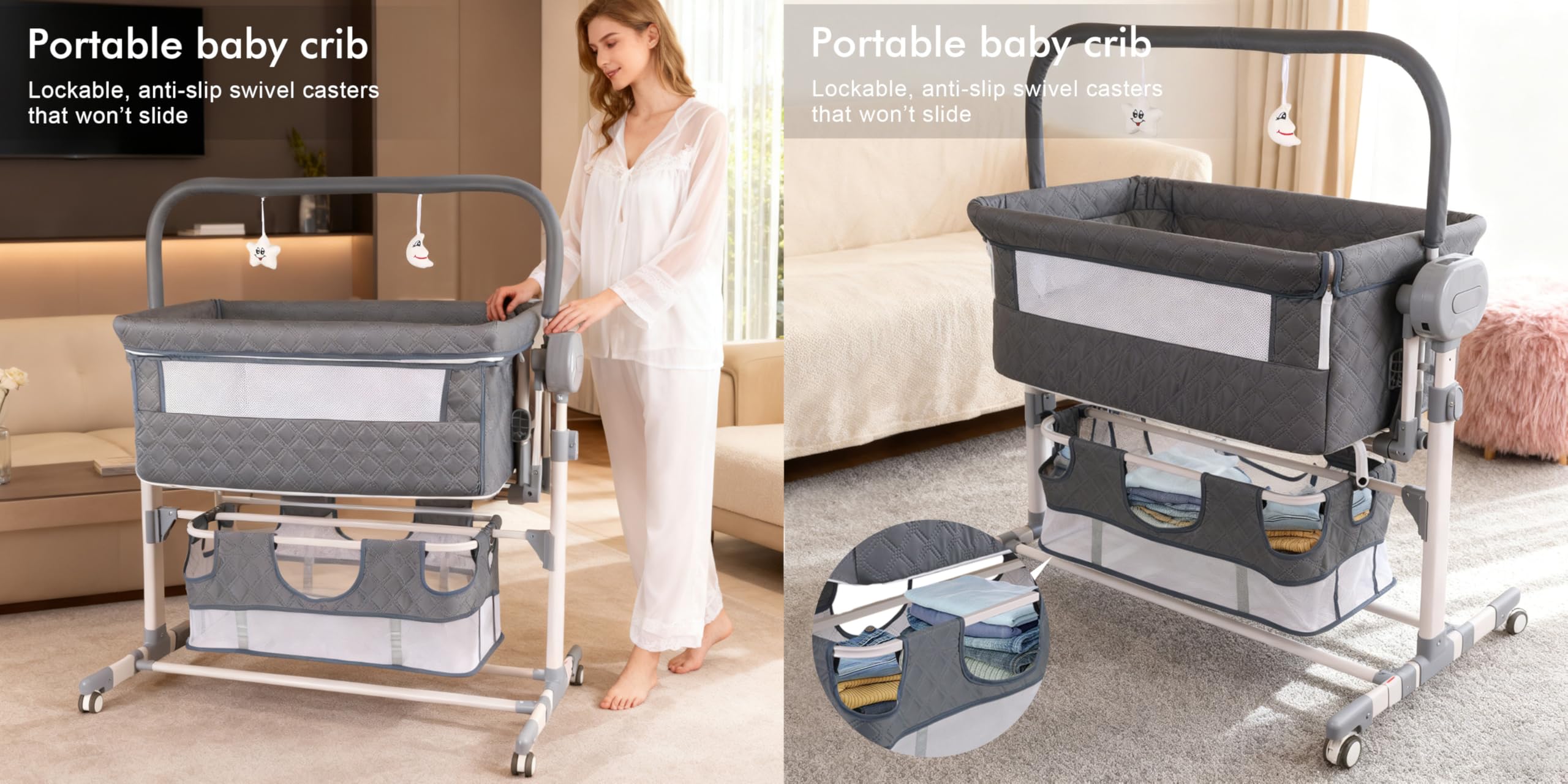 Suttonbebe Electric Bluetooth Smart Baby Bedside Crib, Foldable Infant Bedside Cot, Convertible Baby Bassinet Crib with Remote Control, Music, 5 Swaying Gears (608 Gray)