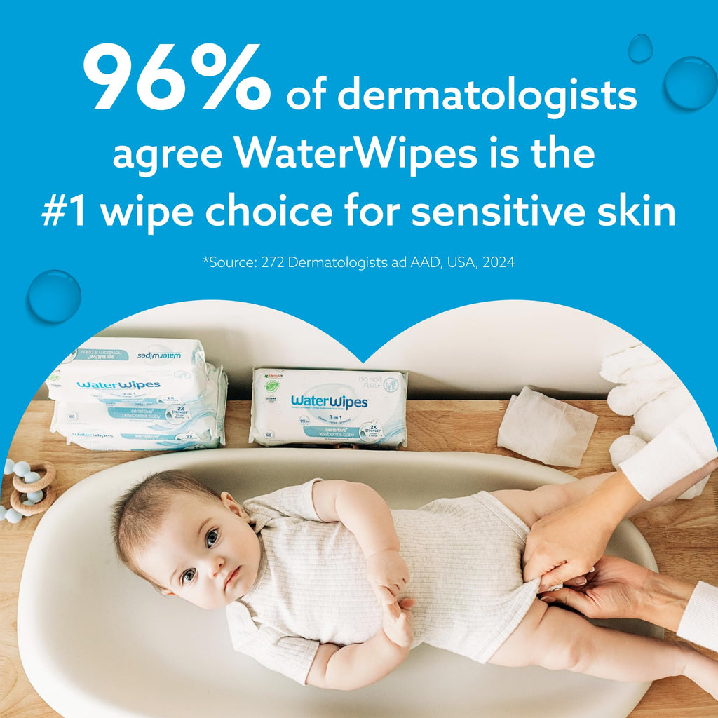 WaterWipes Sensitive+ Newborn & Baby Wipes, 3-In-1 Cleans, Cares, Protects, 99.9% Water, Unscented & Hypoallergenic, 720 Count (12 Packs)
