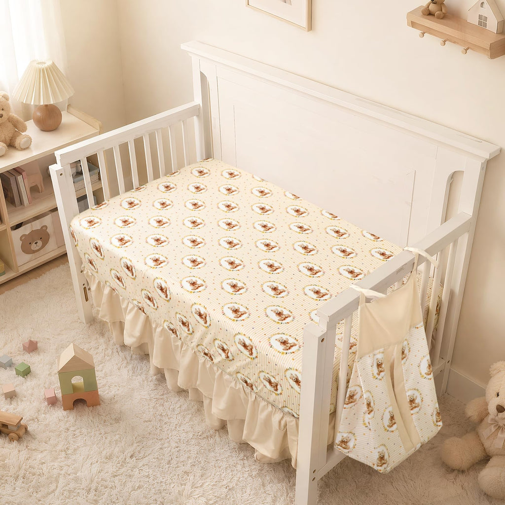 Hooyax Baby Bear Crib Bedding Set for Boys–4Pcs Soft Baby Bedding Set, Includes Crib Skirt, Fitted Sheet, Comforter & Diaper Stacker