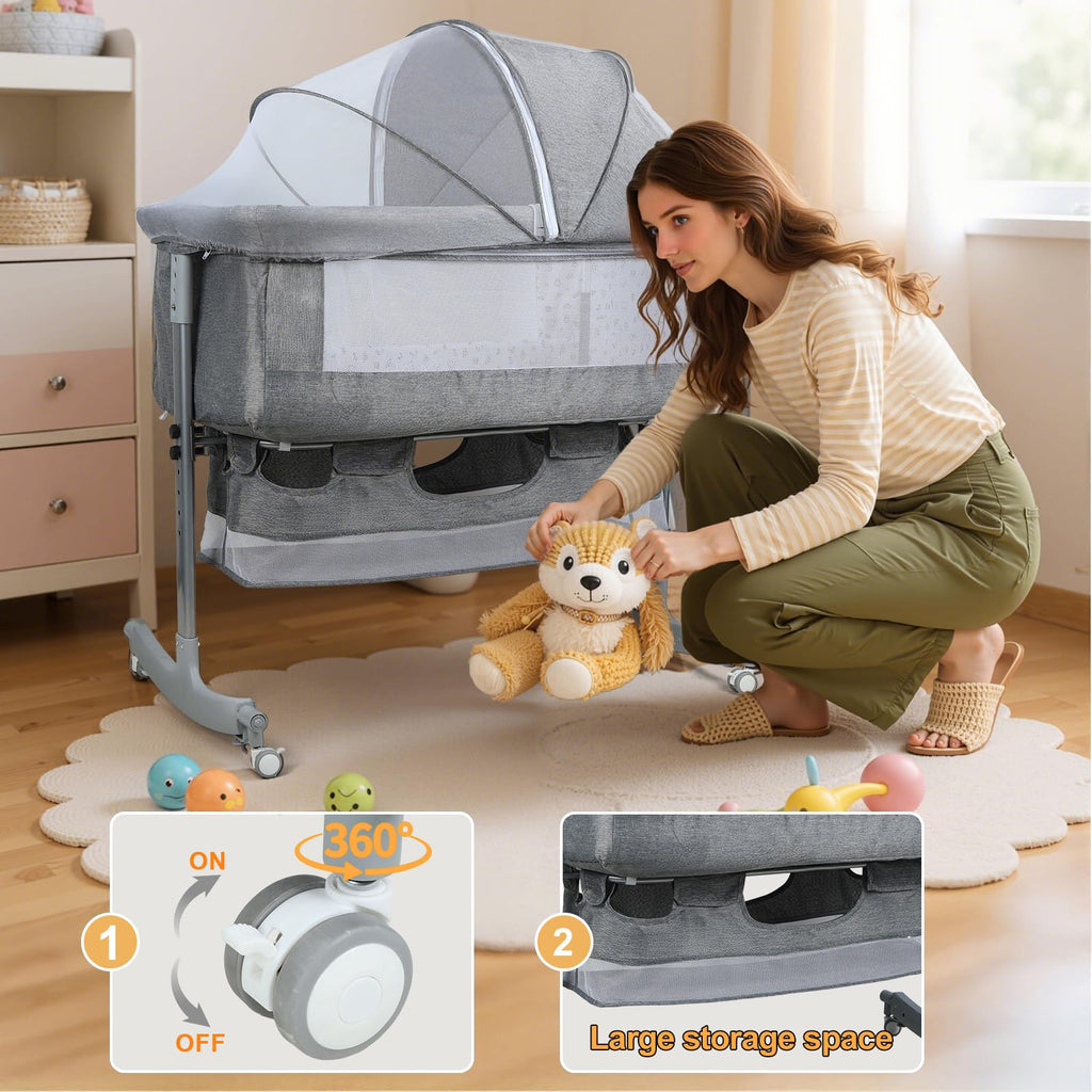 3 in 1 Baby Bassinet Bedside Sleeper, Adjustable Portable Crib with Wheels