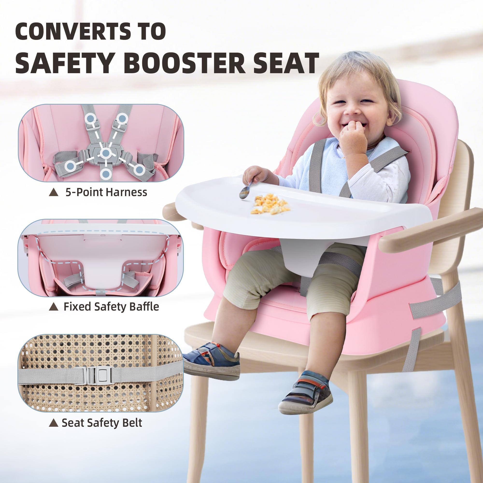 TODECARE 8 in 1 Baby High Chair, Convertible Feeding Chair, Pink