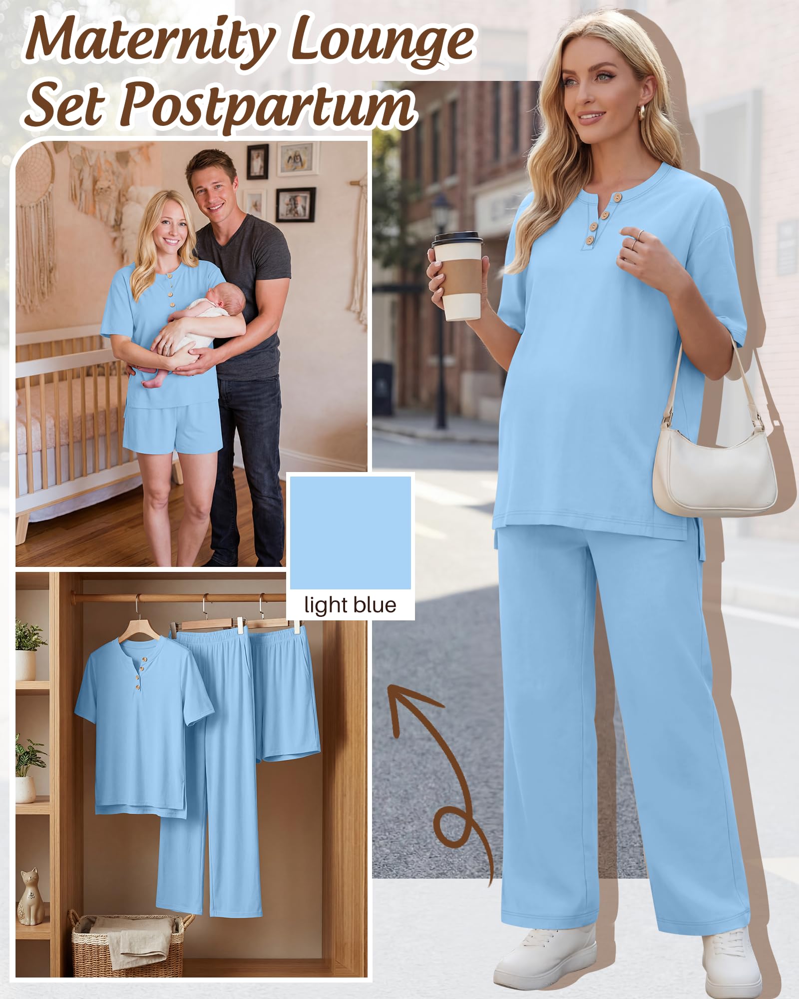 JoyMotion Women Maternity Lounge Set, Light Blue, Medium