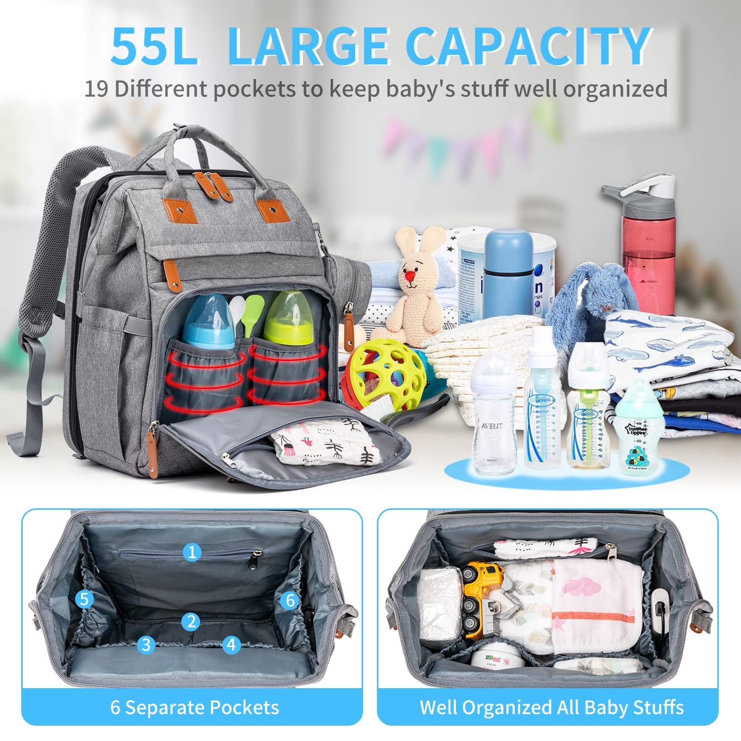 KABAQOO Diaper Bag Backpack with Detachable Changing Station, Large Capacity Baby Diaper Bags for Boys & Girls, Baby Registry Search Stuff & Shower Gifts, Newborn Essentials Must Haves, Grey