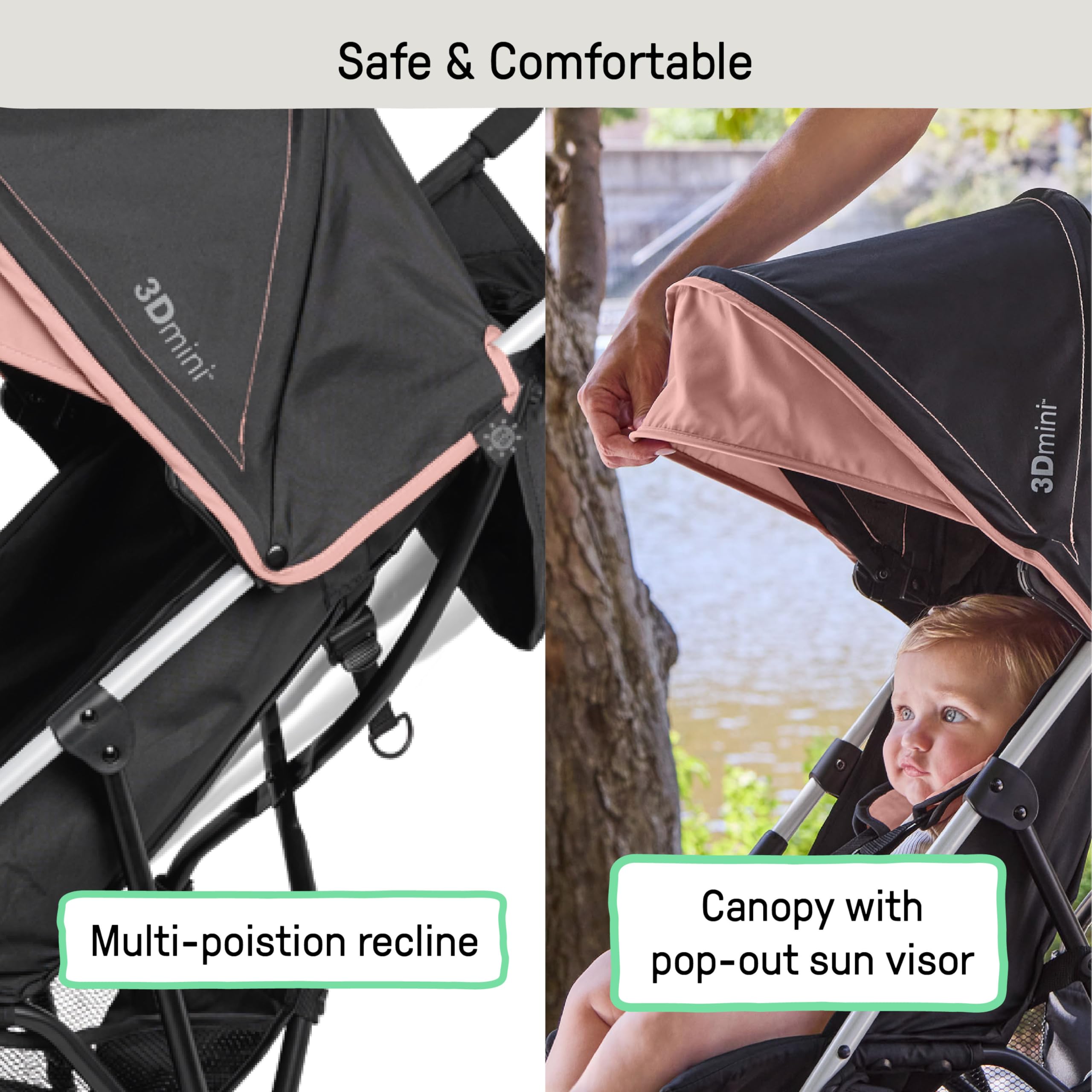 Ingenuity 3D Mini Convenience Stroller – Lightweight Stroller, Compact Fold, Multi-Position Recline, Canopy with Pop Out Sun Visor and More – Umbrella Stroller for Travel, Dusty Rose Pink