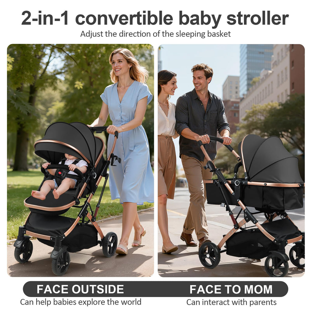 Baby Stroller, 2 in 1 Convertible Bassinet Mode Newborn to Toddler | Reversible Seat UPF Canopy, Shock Absorption Infant Stroller with Five-Point Harness, for Daily Strolls Travel Shopping (Black)