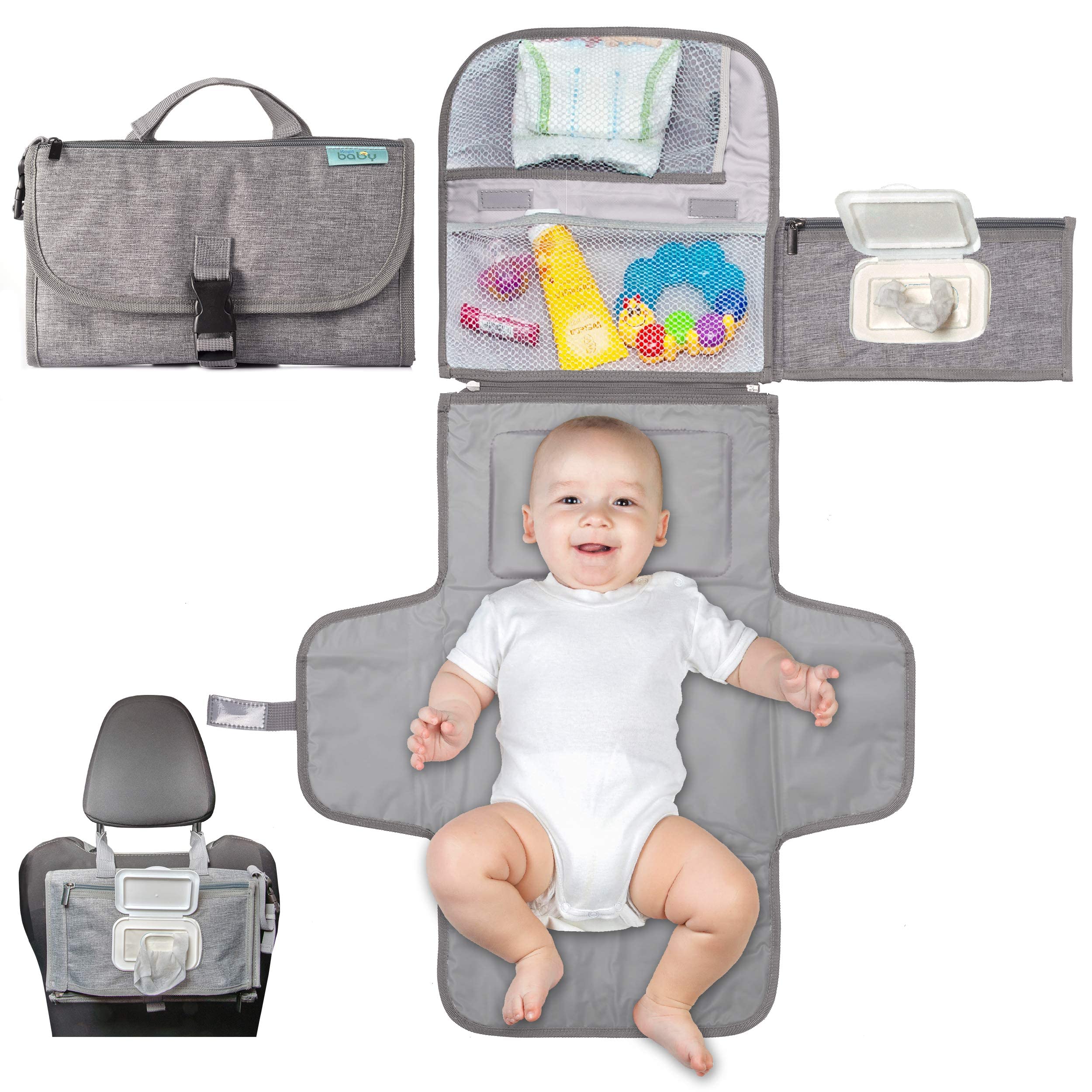 Kopi Baby Portable Diaper Changing Pad with Wipes Pocket, Classic Grey