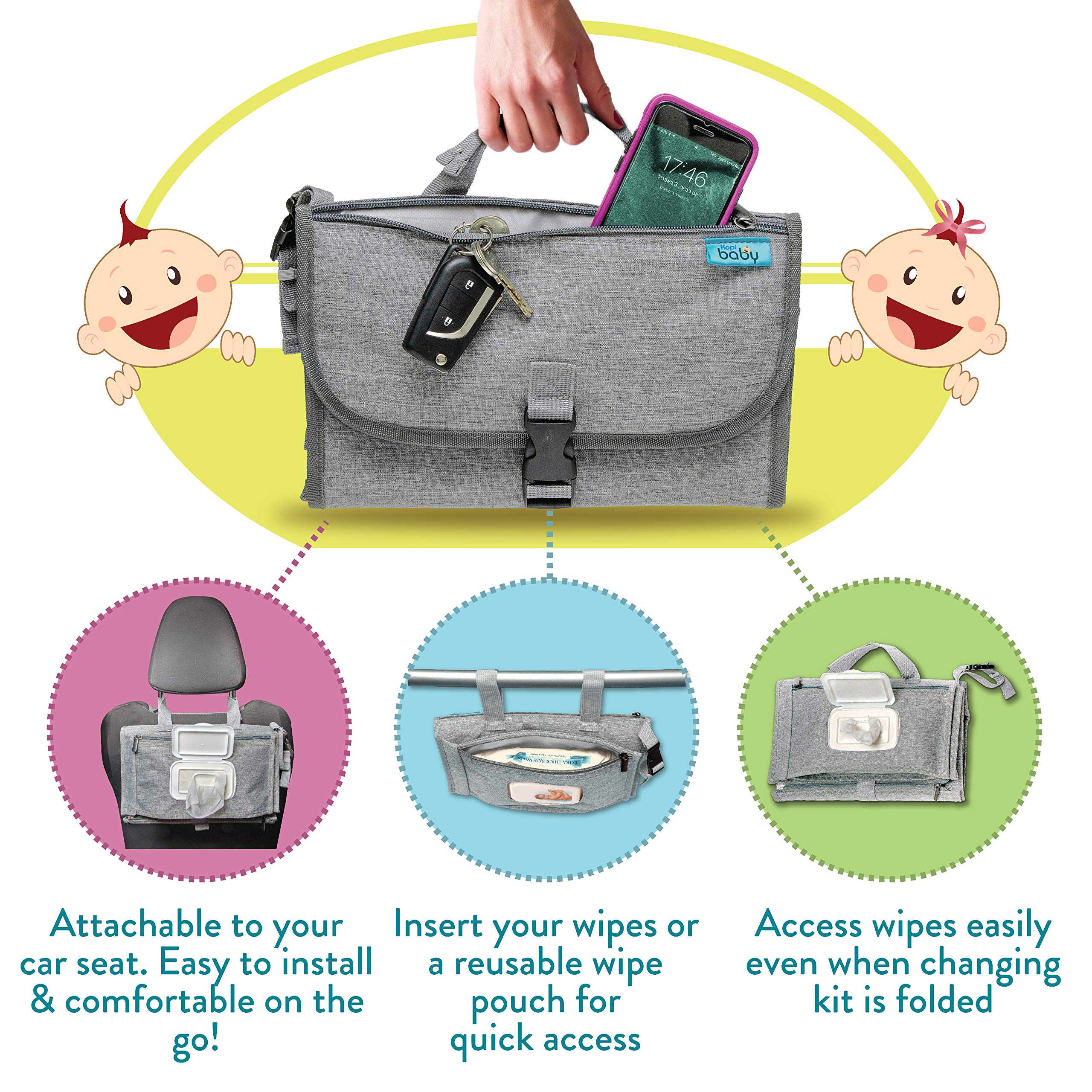 Kopi Baby Portable Diaper Changing Pad with Wipes Pocket, Classic Grey