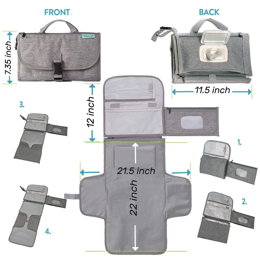 Kopi Baby Portable Diaper Changing Pad with Wipes Pocket, Classic Grey
