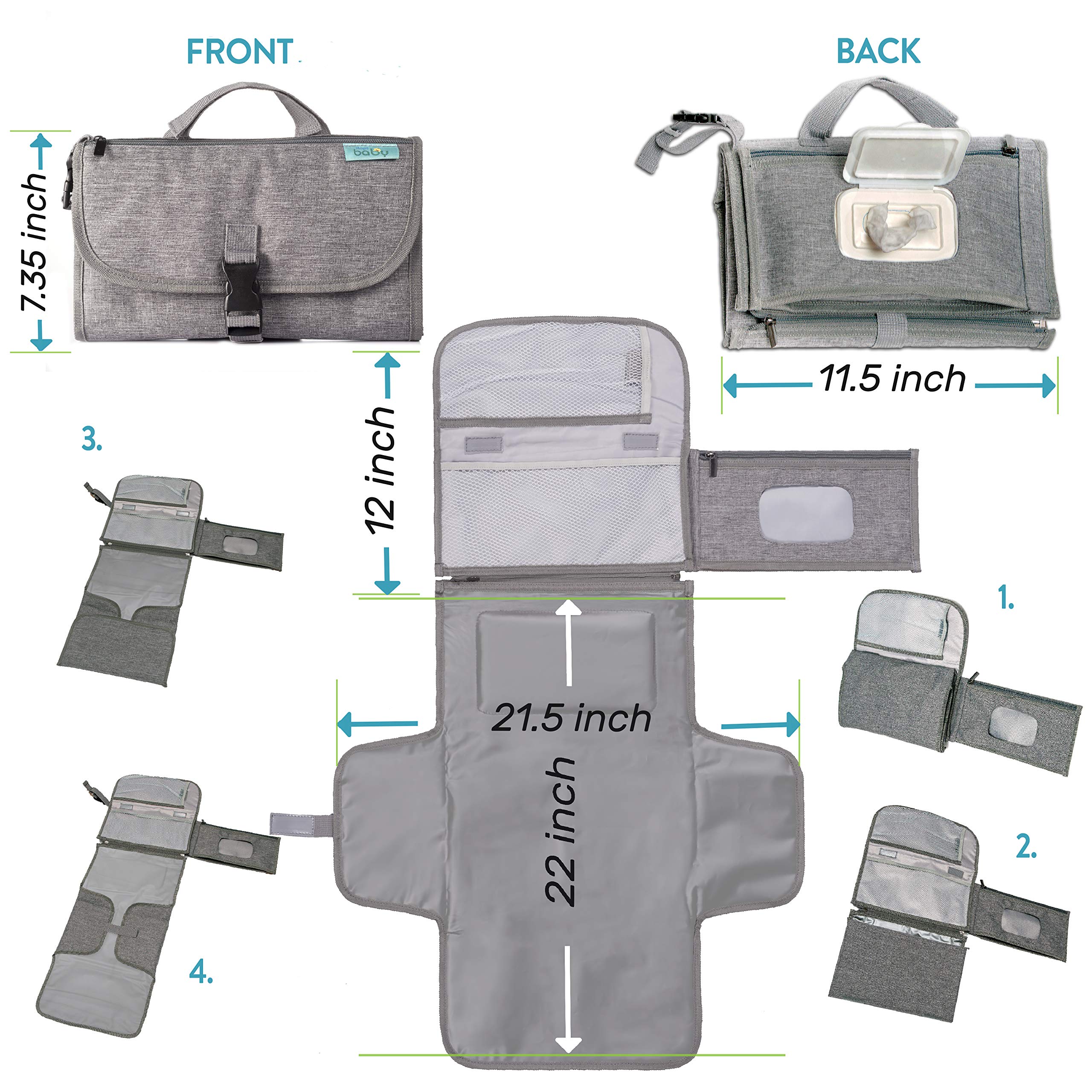 Kopi Baby Portable Diaper Changing Pad with Wipes Pocket, Classic Grey